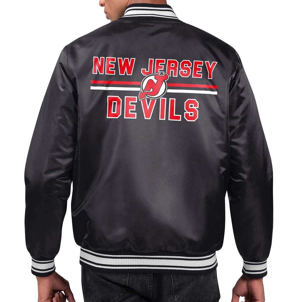 Men's Starter Black New Jersey Devils Printed Team Logo Satin Varsity Full-Snap Jacket