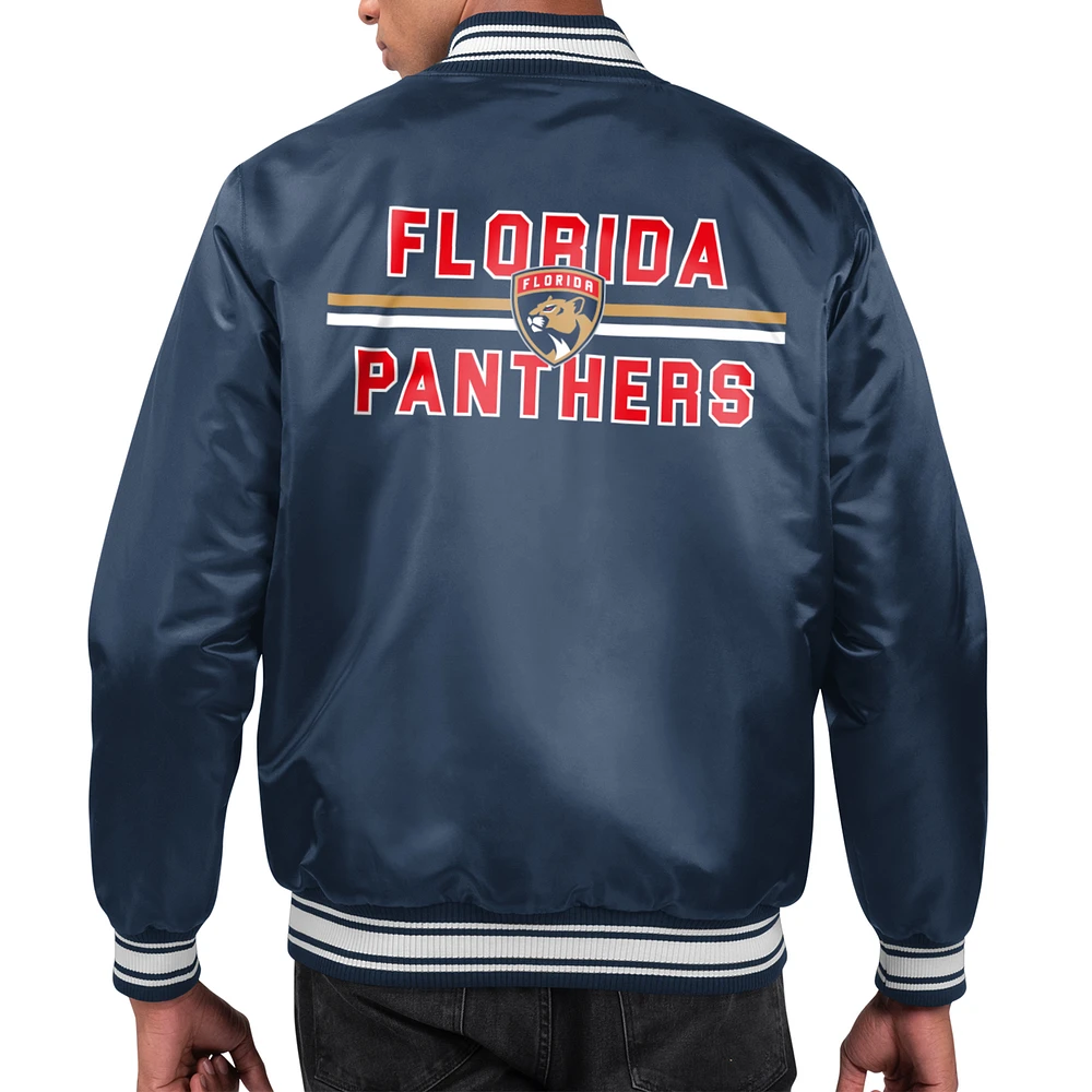 Men's Starter Navy Florida Panthers Printed Team Logo Satin Varsity Full-Snap Jacket