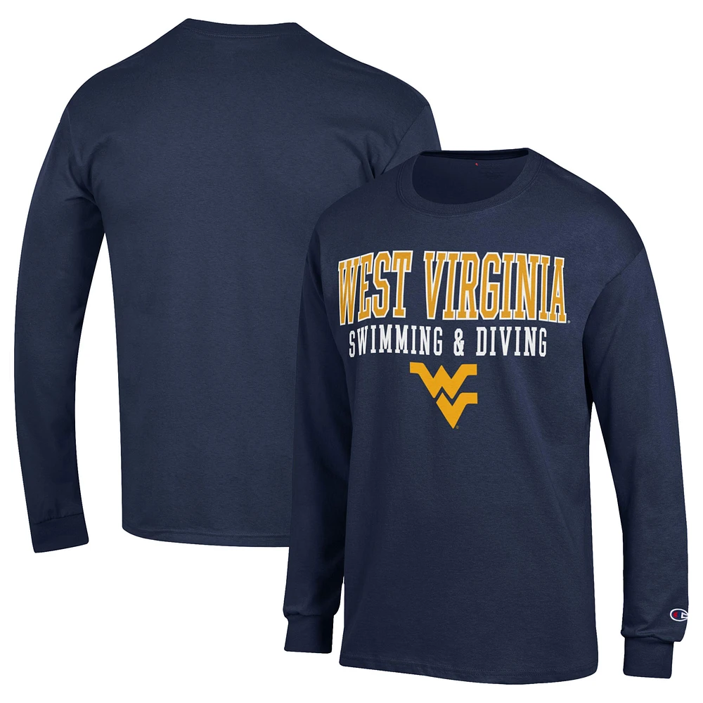 Men's Champion Navy West Virginia Mountaineers Stacked Swim & Dive Long Sleeve T-Shirt
