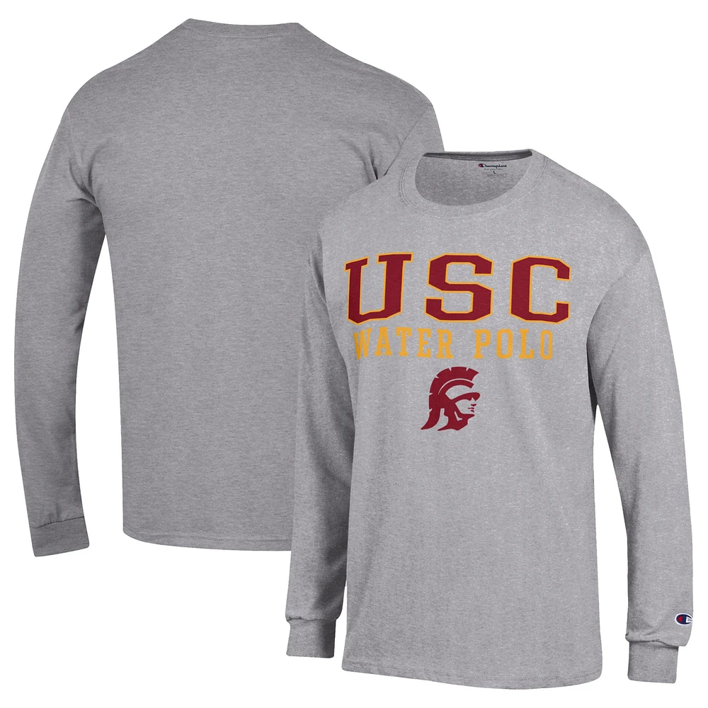 Men's Champion Gray USC Trojans Stack Logo Water Polo Long Sleeve T-Shirt