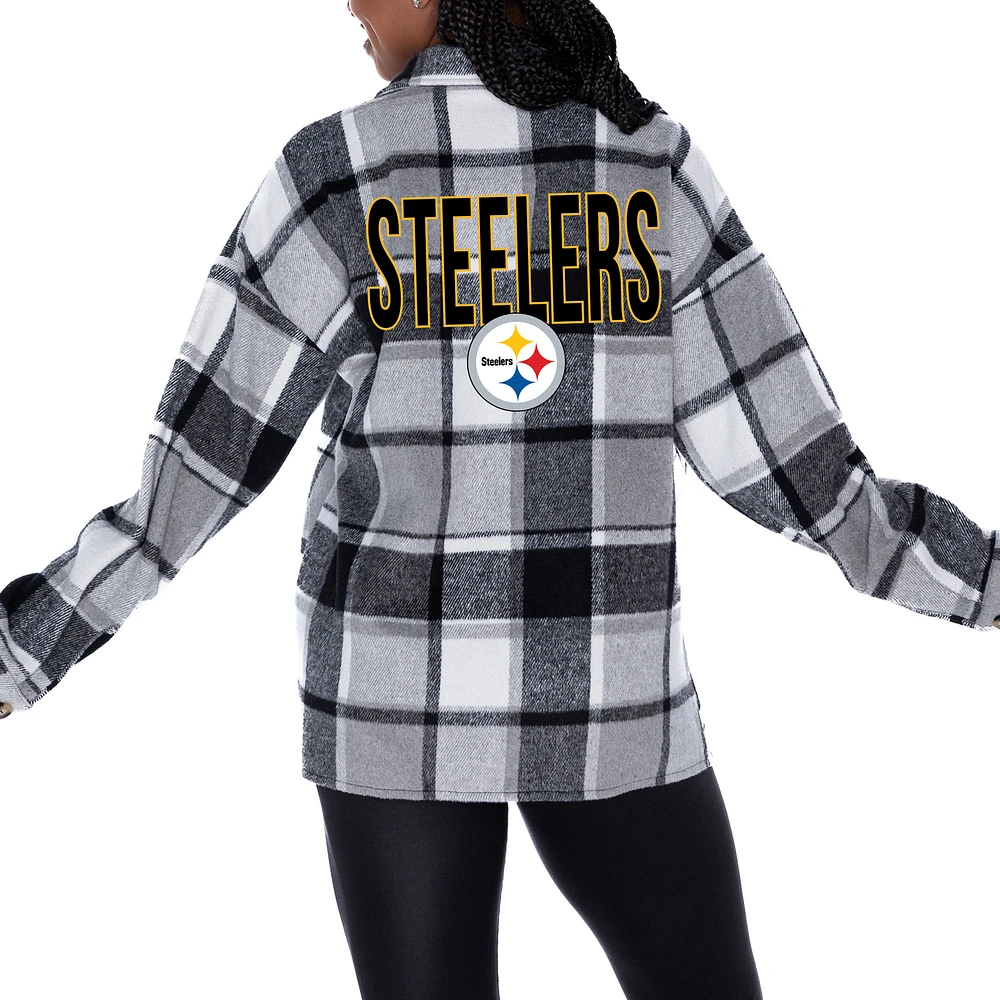 Women's Gameday Couture Gray Pittsburgh Steelers Fieldside Fun Plaid Button-Up Overshirt