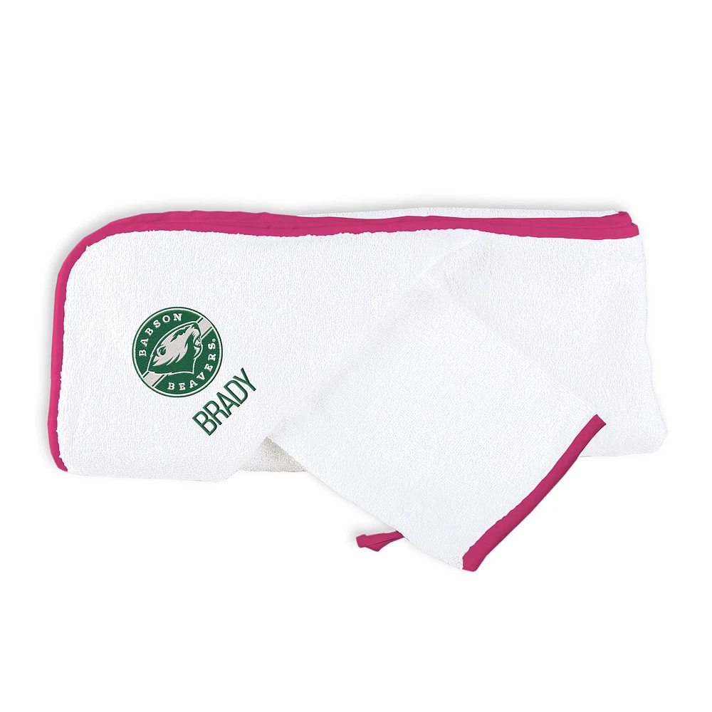 Infant Chad & Jake White Babson Beavers Personalized Hooded Towel & Mitt Set