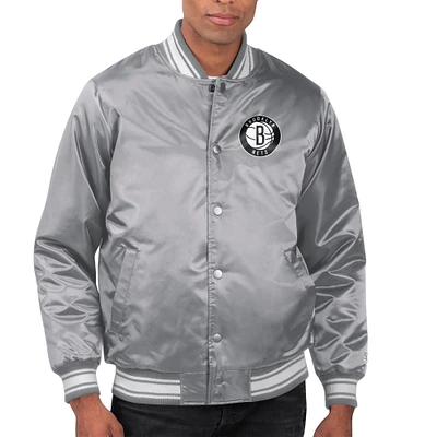 Men's Starter Gray Brooklyn Nets Printed Team Name Satin Varsity Full-Snap Jacket