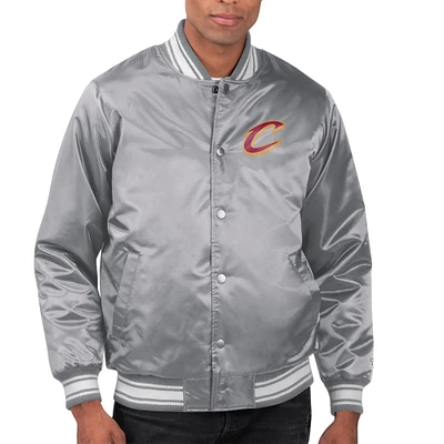 Men's Starter Gray Cleveland Cavaliers Printed Team Name Satin Varsity Full-Snap Jacket