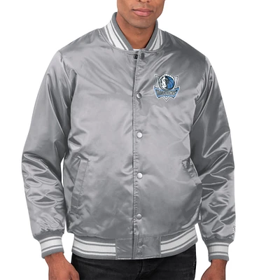 Men's Starter Gray Dallas Mavericks Printed Team Name Satin Varsity Full-Snap Jacket