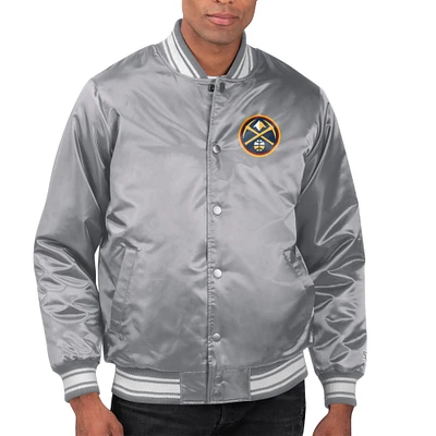 Men's Starter Gray Denver Nuggets Printed Team Name Satin Varsity Full-Snap Jacket