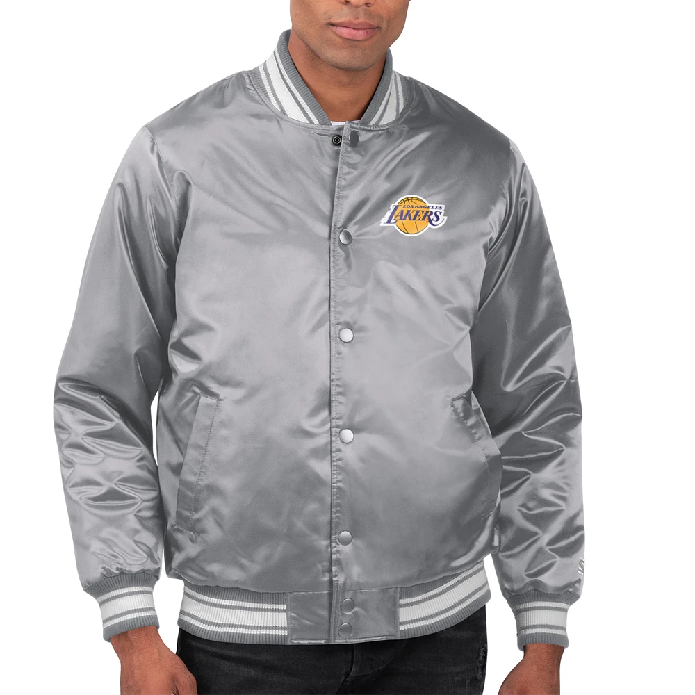 Men's Starter Gray Los Angeles Lakers Printed Team Name Satin Varsity Full-Snap Jacket