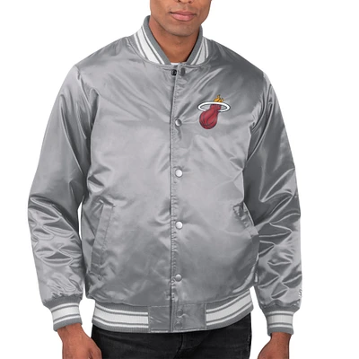 Men's Starter Gray Miami Heat Printed Team Name Satin Varsity Full-Snap Jacket