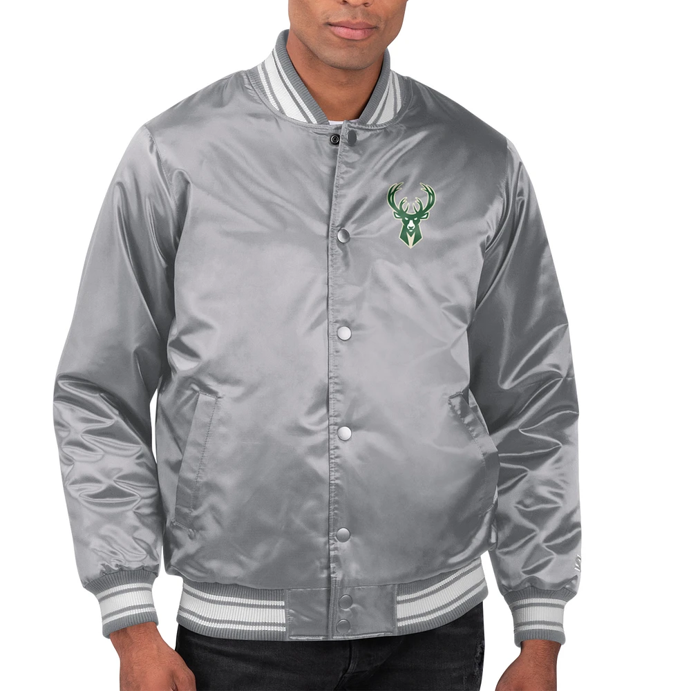 Men's Starter Gray Milwaukee Bucks Printed Team Name Satin Varsity Full-Snap Jacket
