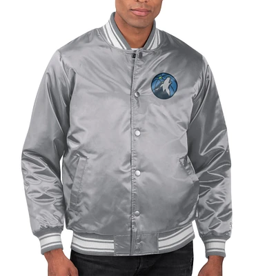 Men's Starter Gray Minnesota Timberwolves Printed Team Name Satin Varsity Full-Snap Jacket