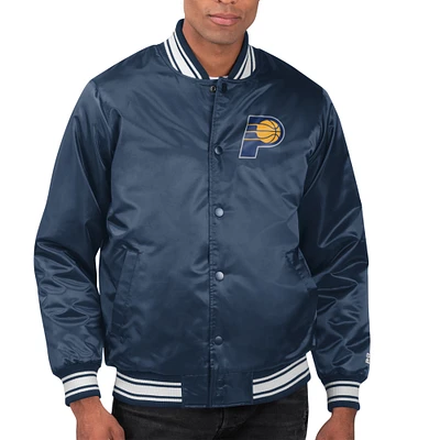 Men's Starter Navy Indiana Pacers Printed Team Name Satin Varsity Full-Snap Jacket