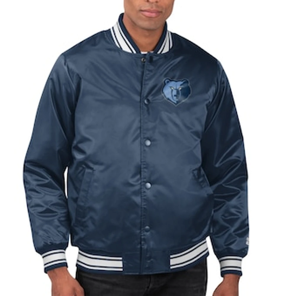 Men's Starter Navy Memphis Grizzlies Printed Team Name Satin Varsity Full-Snap Jacket