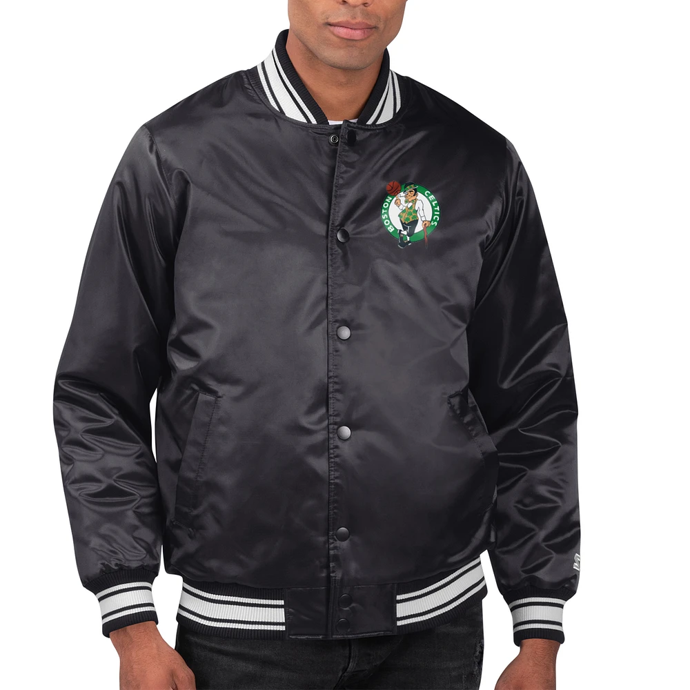 Men's Starter Black Boston Celtics Printed Team Name Satin Varsity Full-Snap Jacket
