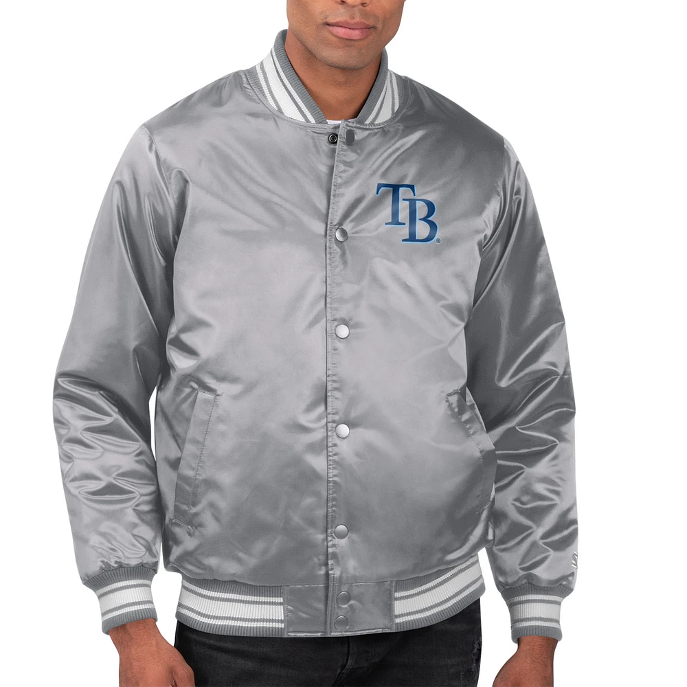 Men's Starter Gray Tampa Bay Rays Printed Team Logo Satin Varsity Full-Snap Jacket