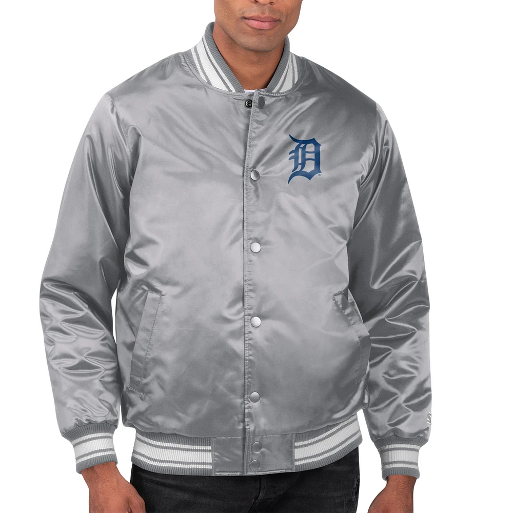 Men's Starter Gray Detroit Tigers Printed Team Logo Satin Varsity Full-Snap Jacket