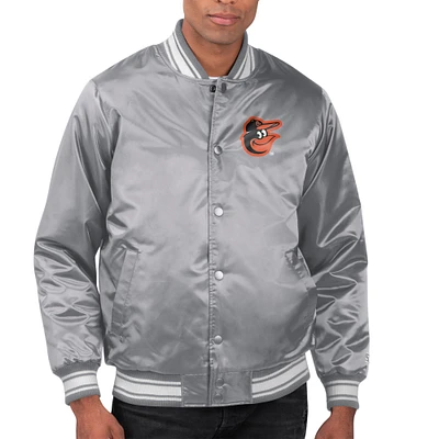 Men's Starter Gray Baltimore Orioles Printed Team Logo Satin Varsity Full-Snap Jacket