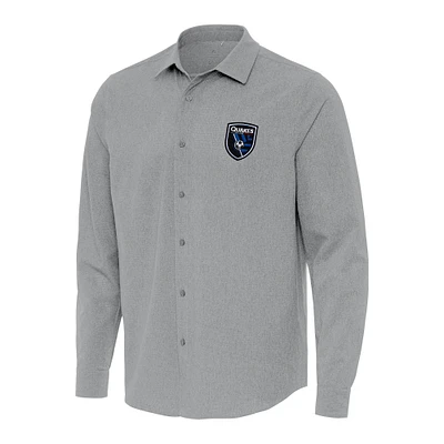Men's Antigua Gray San Jose Earthquakes Exposure Woven Long Sleeve Button-Up Shirt