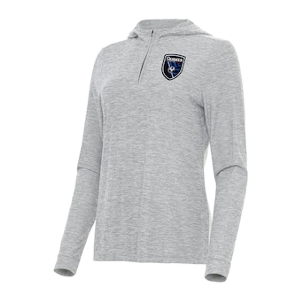 Women's Antigua Heather Gray San Jose Earthquakes Daybreak Quarter-Zip Hoodie Top