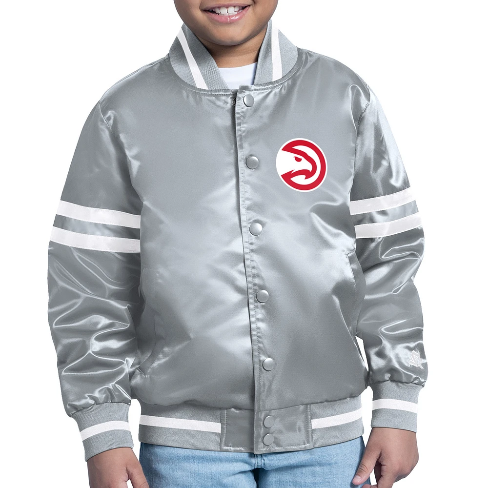 Youth Starter Gray Atlanta Hawks Printed Shield Logo Satin Varsity Full-Snap Jacket