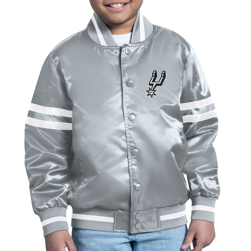 Youth Starter Silver San Antonio Spurs Printed Shield Logo Satin Varsity Full-Snap Jacket