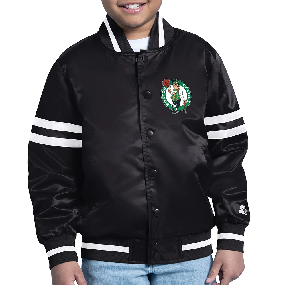 Youth Starter Black Boston Celtics Printed Shield Logo Satin Varsity Full-Snap Jacket