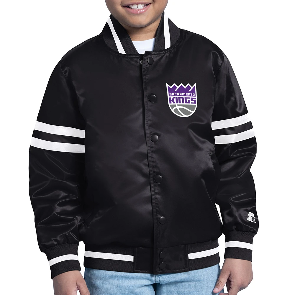 Youth Starter Black Sacramento Kings Printed Shield Logo Satin Varsity Full-Snap Jacket