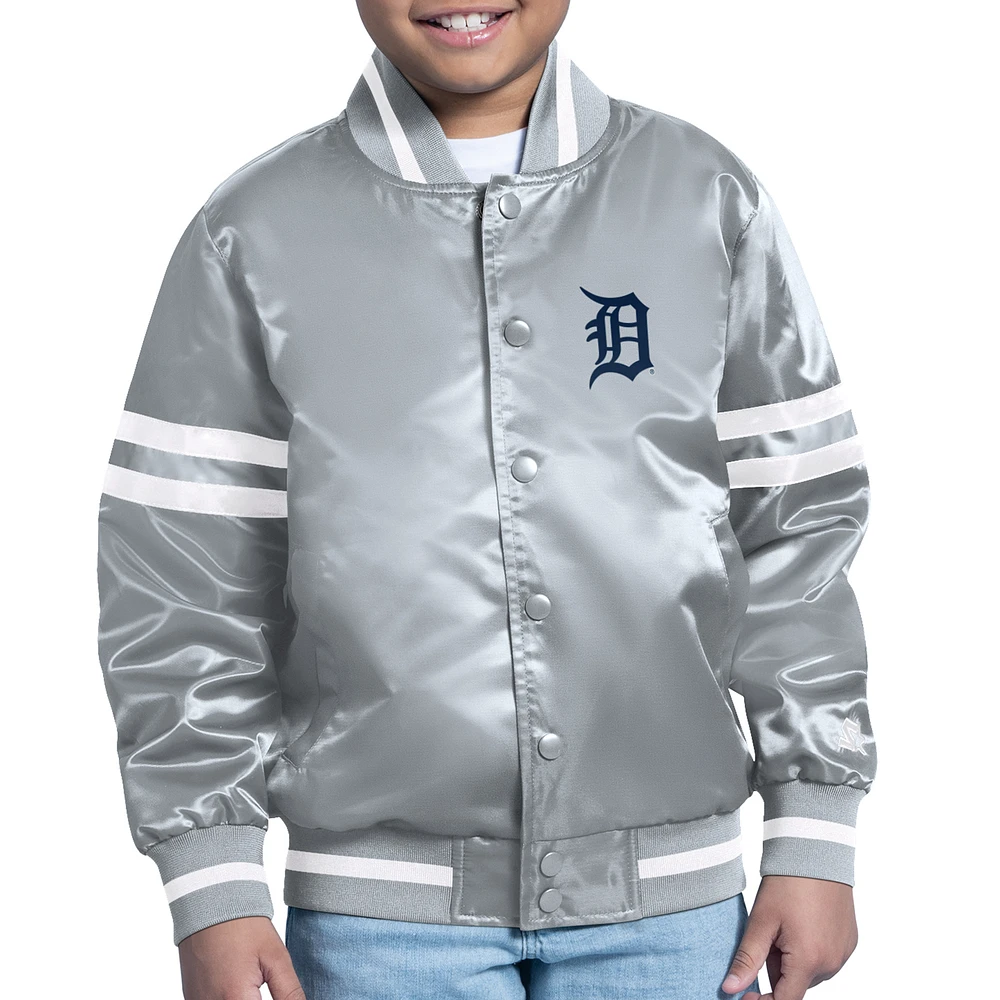 Youth Starter Gray Detroit Tigers Printed Shield Team Logo Satin Varsity Full-Snap Jacket