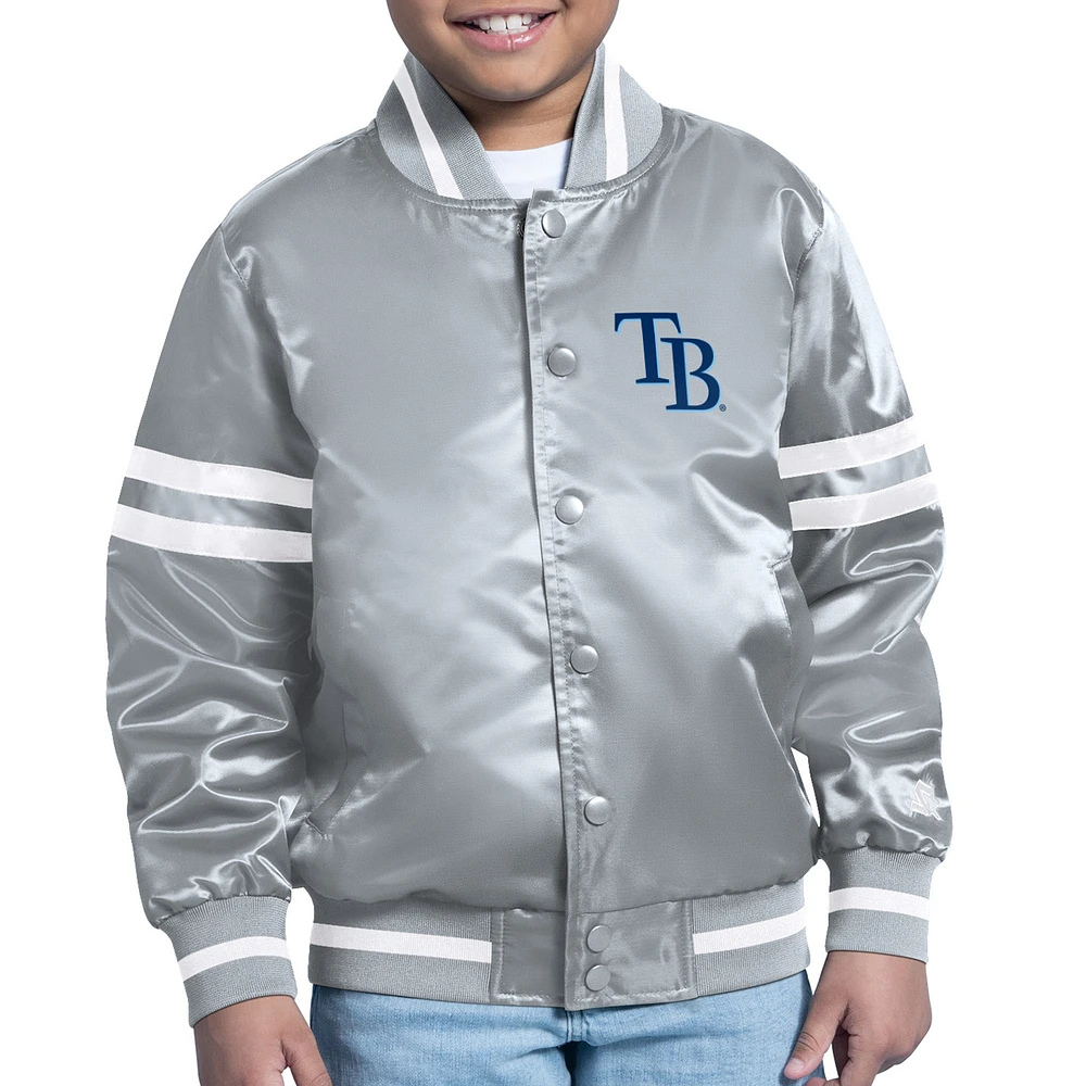 Youth Starter Gray Tampa Bay Rays Printed Team Logo Satin Full-Snap Varsity Jacket