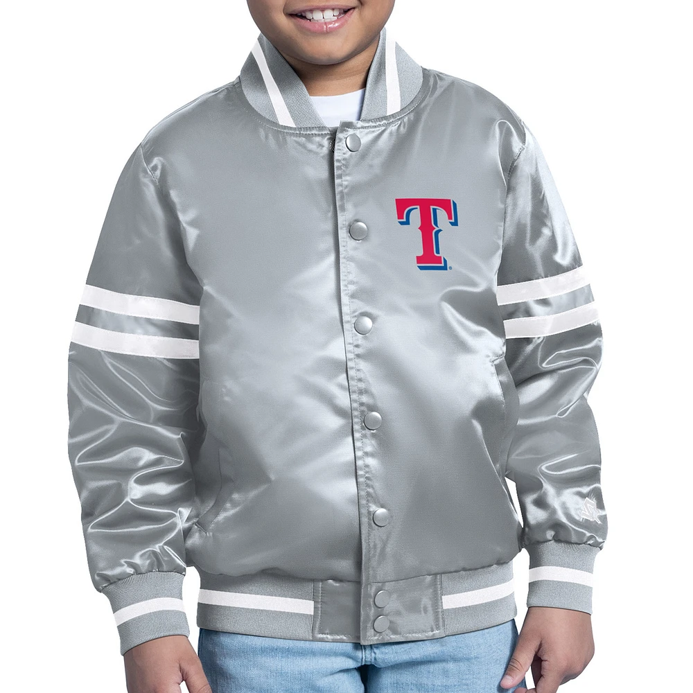 Youth Starter Gray Texas Rangers Printed Team Logo Satin Full-Snap Varsity Jacket