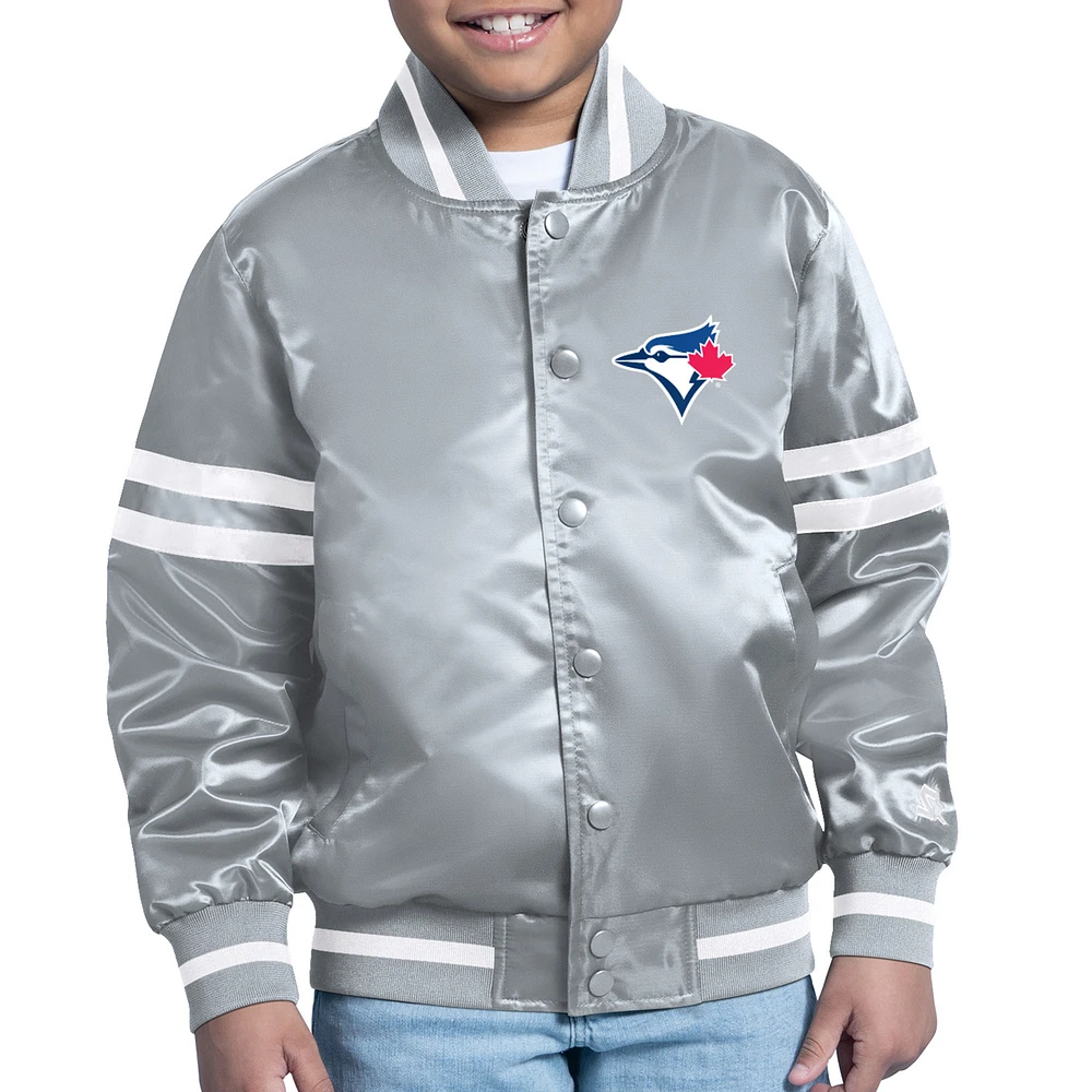Youth Starter Gray Toronto Blue Jays Printed Team Logo Satin Full-Snap Varsity Jacket