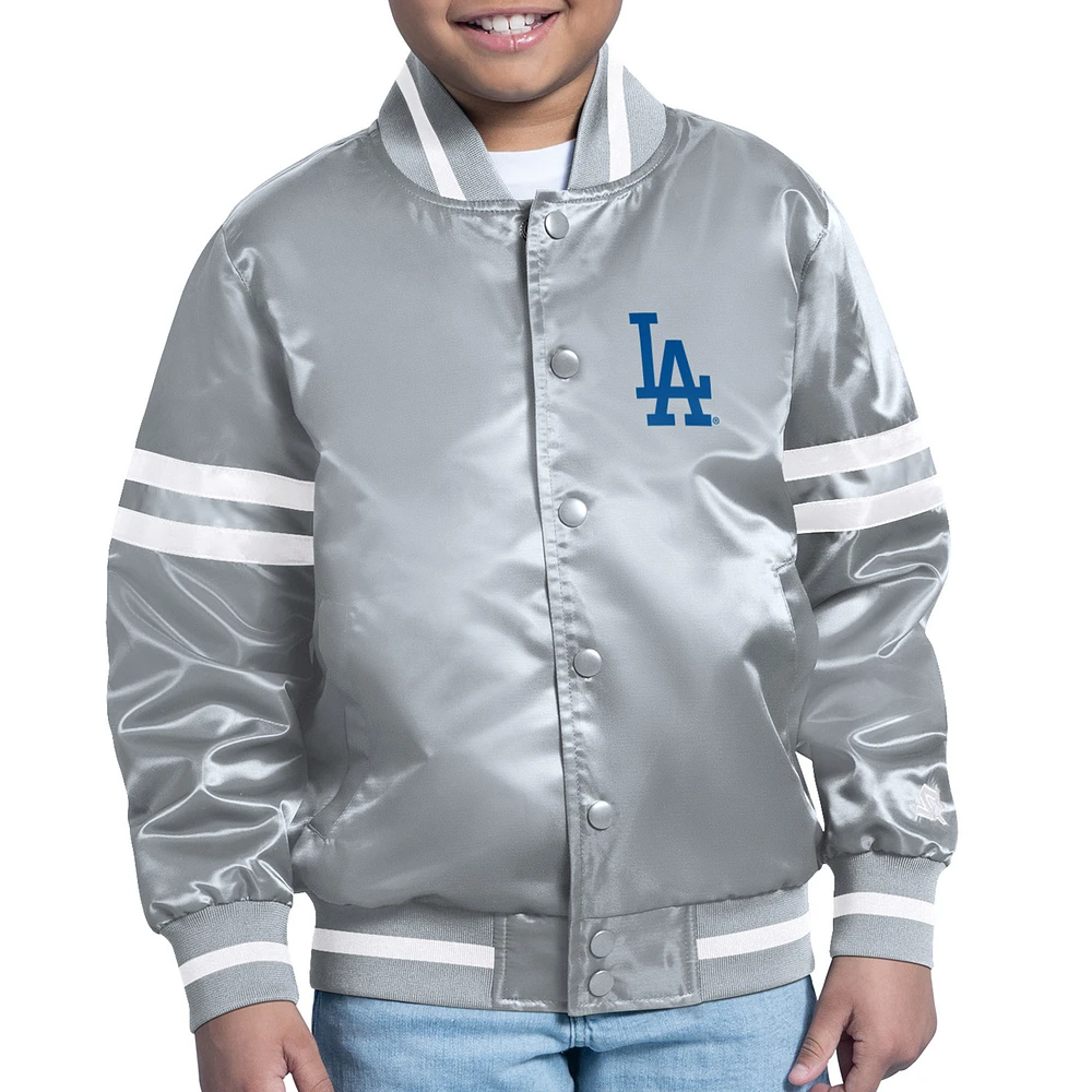 Youth Starter Gray Los Angeles Dodgers Printed Team Logo Satin Full-Snap Varsity Jacket