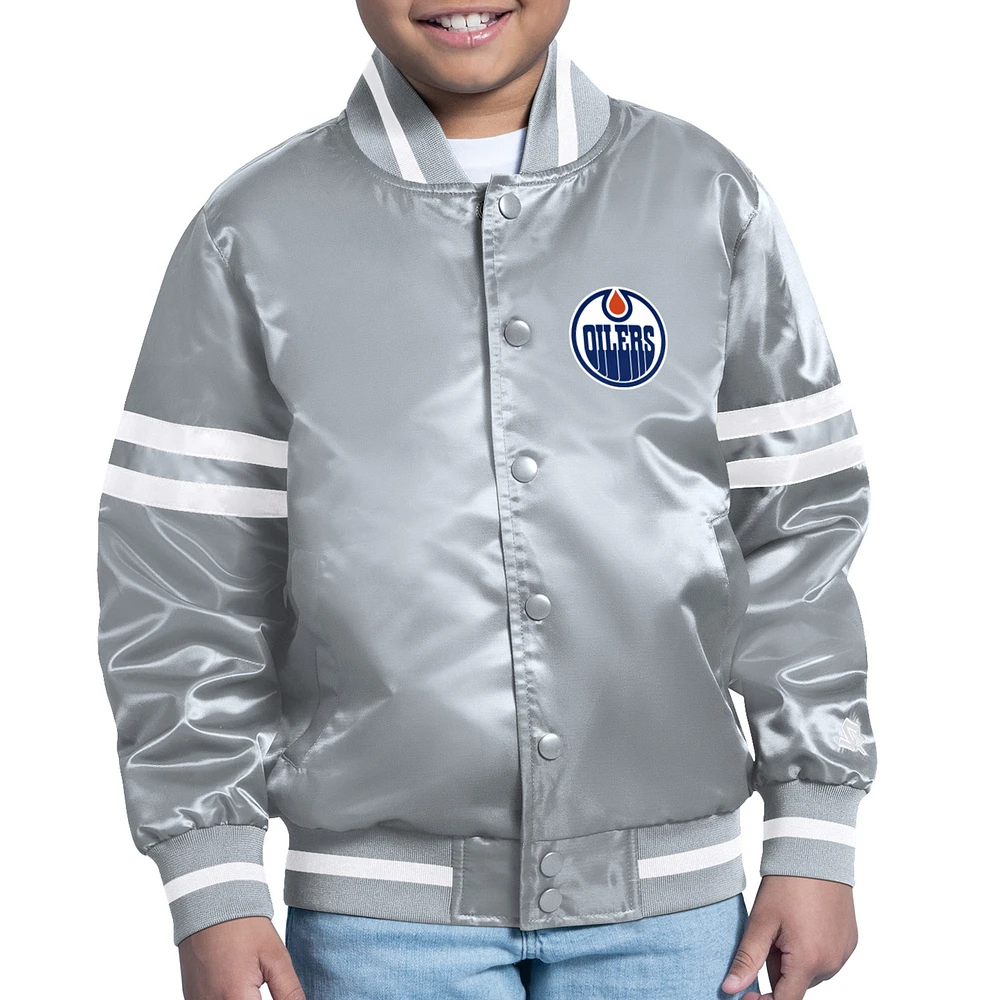 Youth Starter Gray Edmonton Oilers Printed Team Logo Satin Varsity Full-Snap Jacket