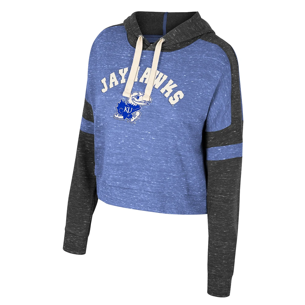 Women's Colosseum Royal Kansas Jayhawks Cropped Lost City Speckle Pullover Hoodie