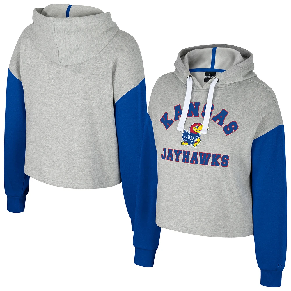 Women's Colosseum Heather Gray Kansas Jayhawks Cropped Sage Pullover Hoodie