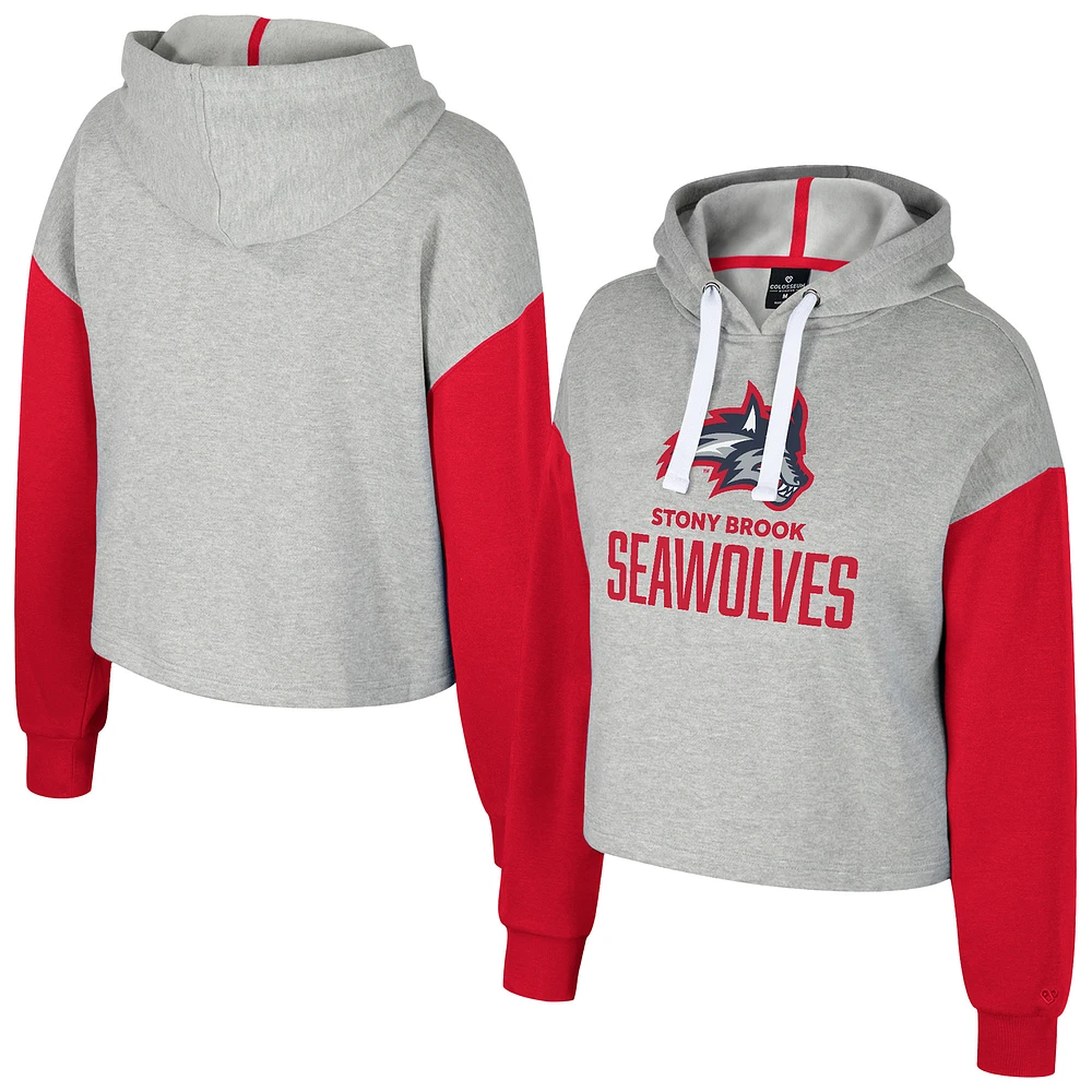 Women's Colosseum Heather Gray Stony Brook Seawolves Cropped Sage Pullover Hoodie