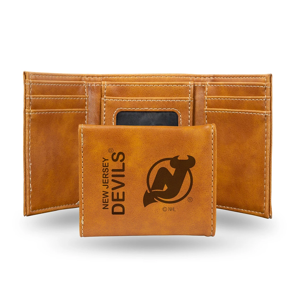 Brown New Jersey Devils Laser Engraved Tri-Fold Wallet