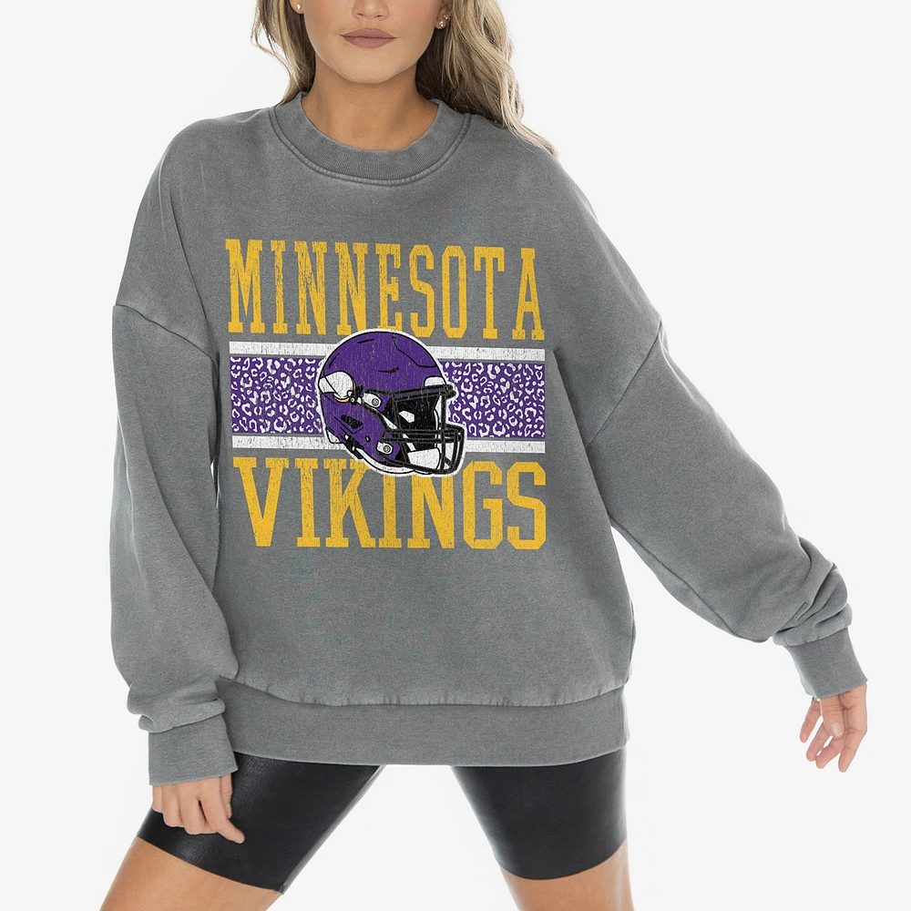 Women's Gameday Couture Gray Minnesota Vikings Vintage Wash Oversized Crewneck Fleece Pullover
