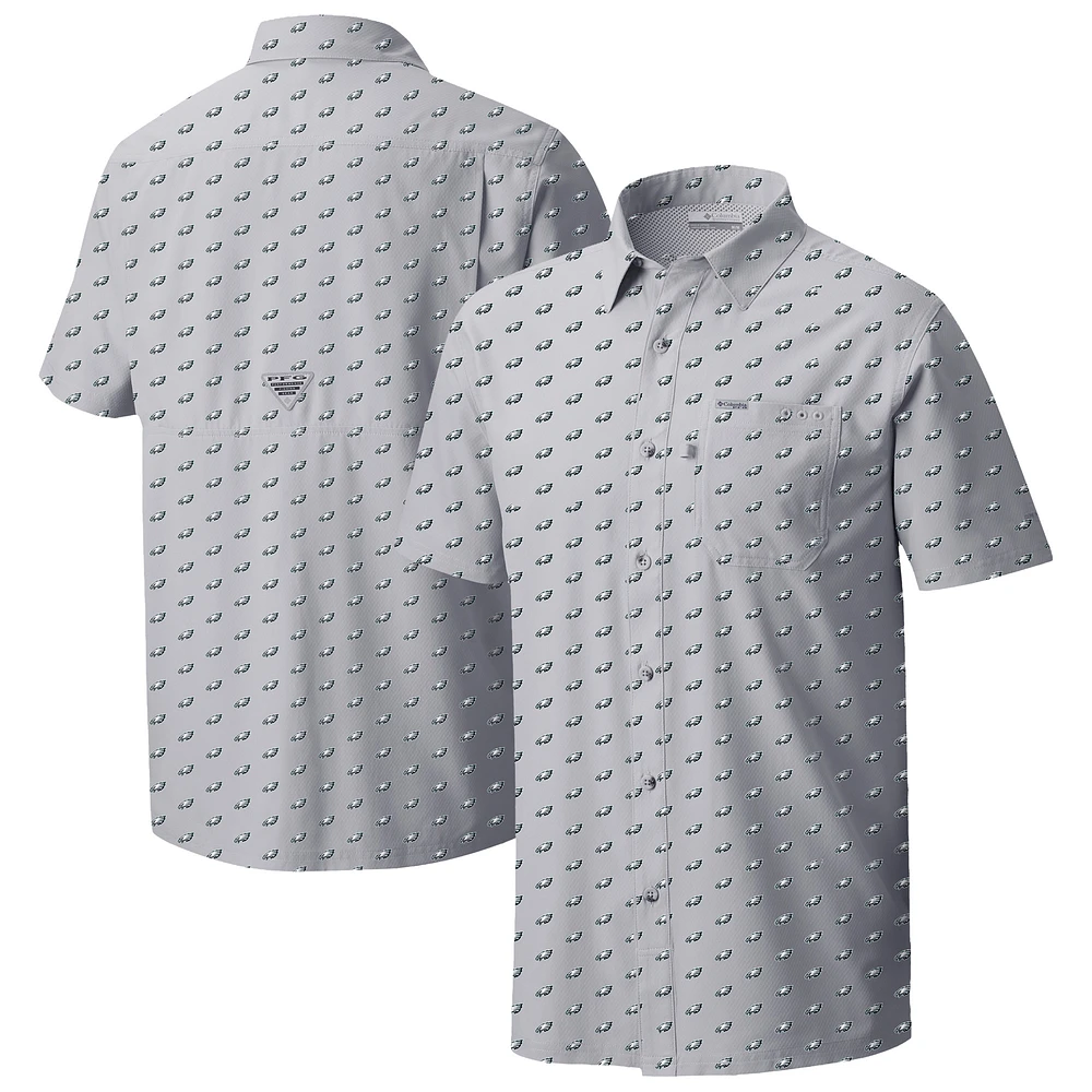 Men's Columbia Gray Philadelphia Eagles Super Slack Tide Omni-Wick Micro Print Button-Up Shirt
