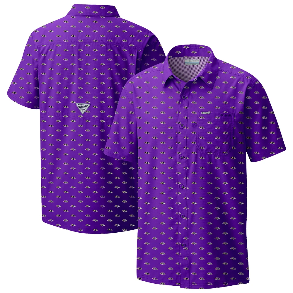 Men's Columbia Purple Baltimore Ravens Super Slack Tide Omni-Wick Micro Print Button-Up Shirt