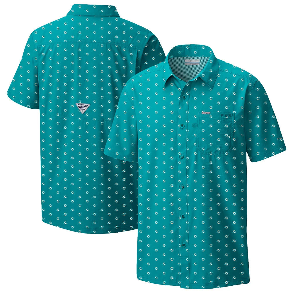 Men's Columbia Aqua Miami Dolphins Super Slack Tide Omni-Wick Micro Print Button-Up Shirt