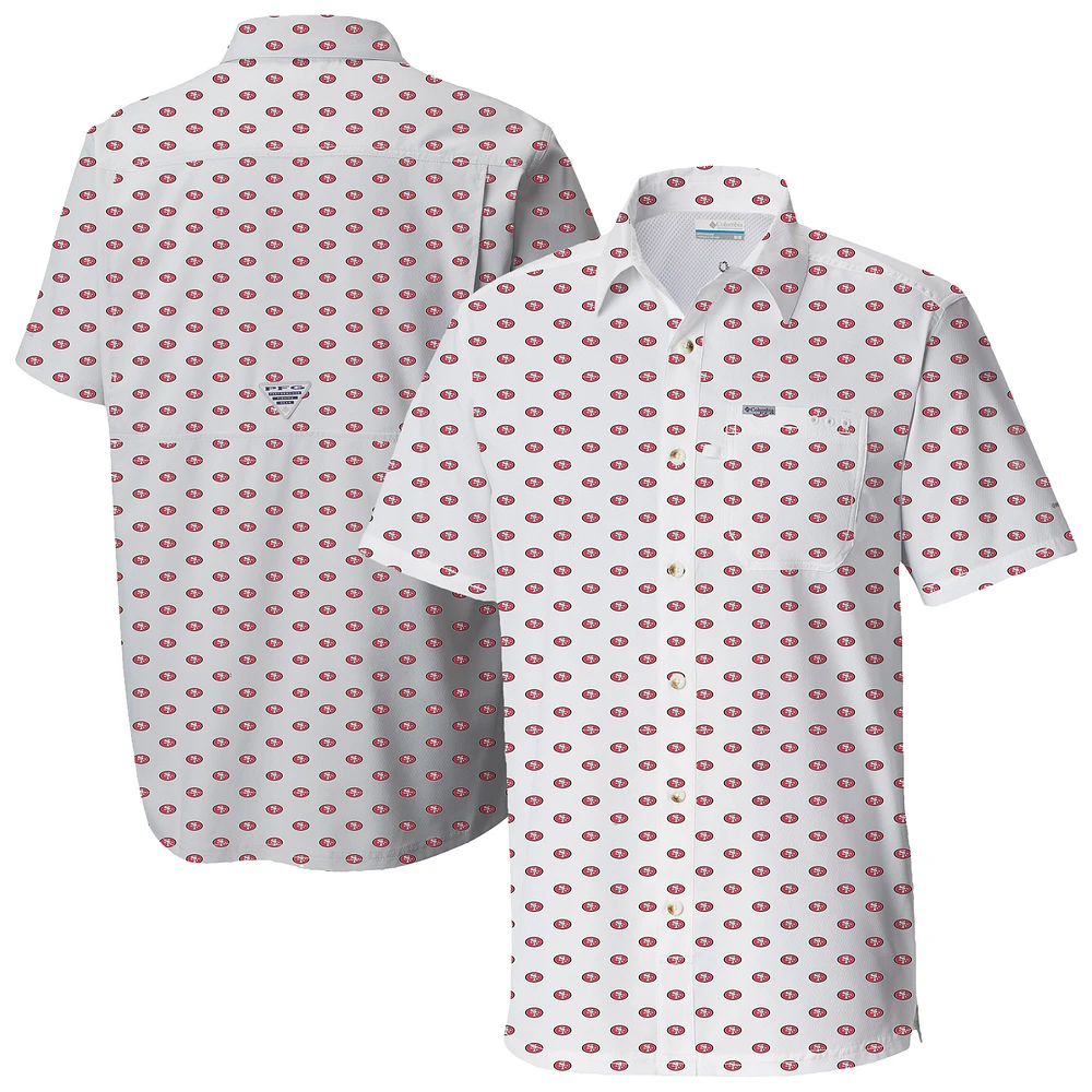 Men's Columbia White San Francisco 49ers Super Slack Tide Omni-Wick Micro Print Button-Up Shirt