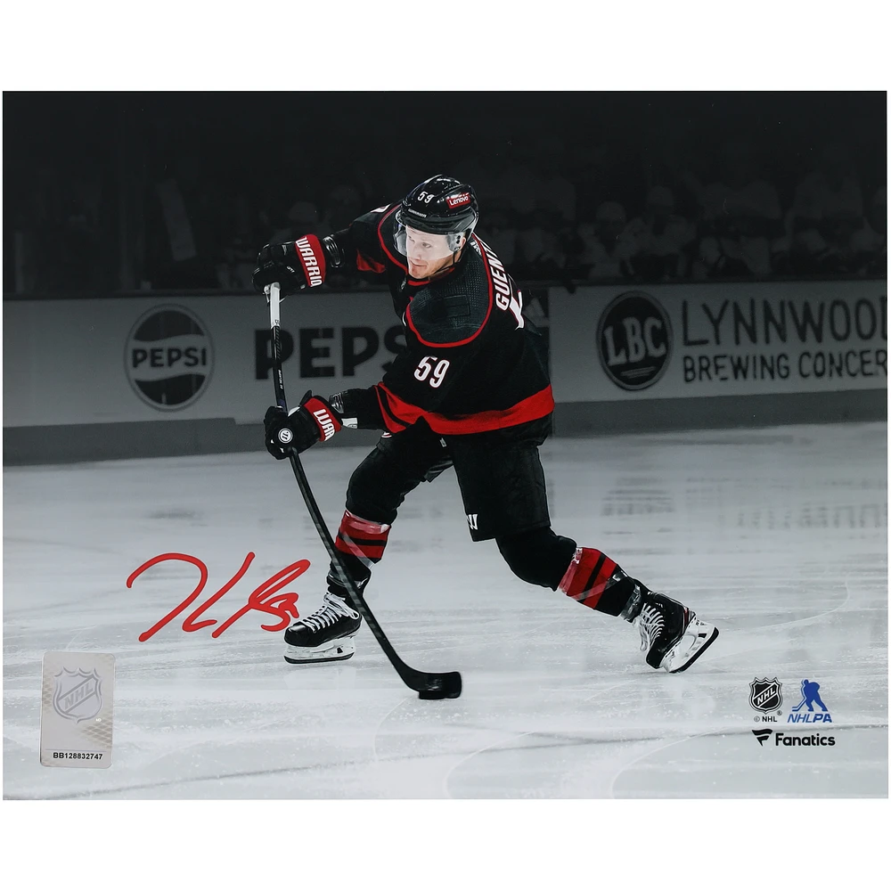 Jake Guentzel Carolina Hurricanes Autographed 8" x 10" Black Jersey Shooting Spotlight Photograph