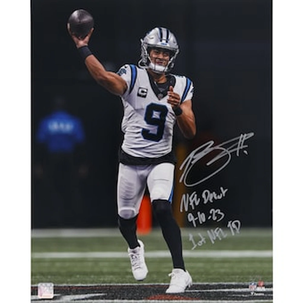 Bryce Young Carolina Panthers Autographed 16" x 20" Debut Photograph with "NFL Debut 9-10-23" and "1st NFL TD" Inscriptions - Limited Edition of 9