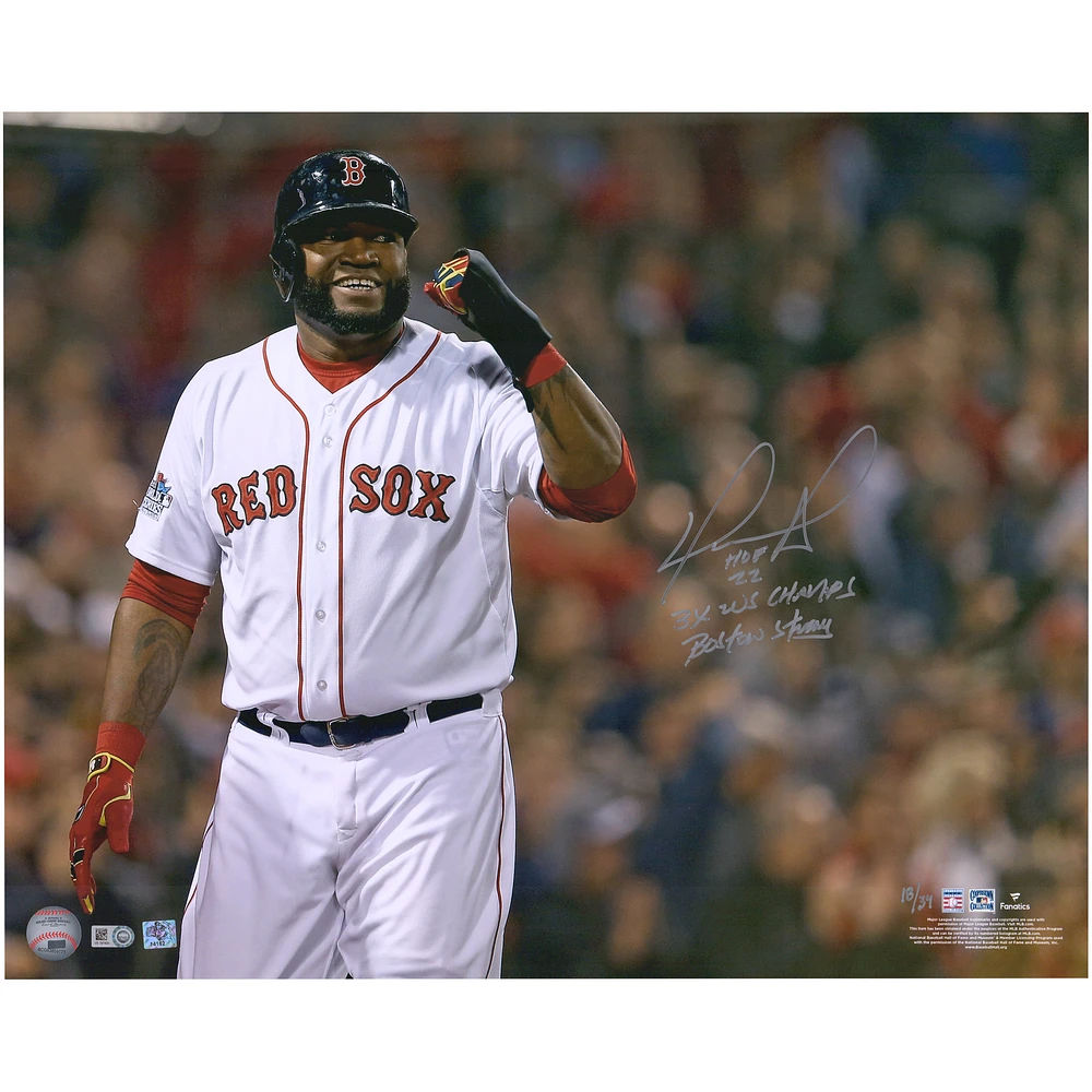 David Ortiz Boston Red Sox Autographed 16" x 20" Fist Pump Photograph with Multiple Inscriptions - Limited Edition of 34