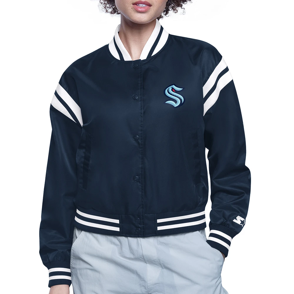 Women's Starter Deep Sea Blue Seattle Kraken Printed Round Team Logo Satin Varsity Full-Snap Jacket