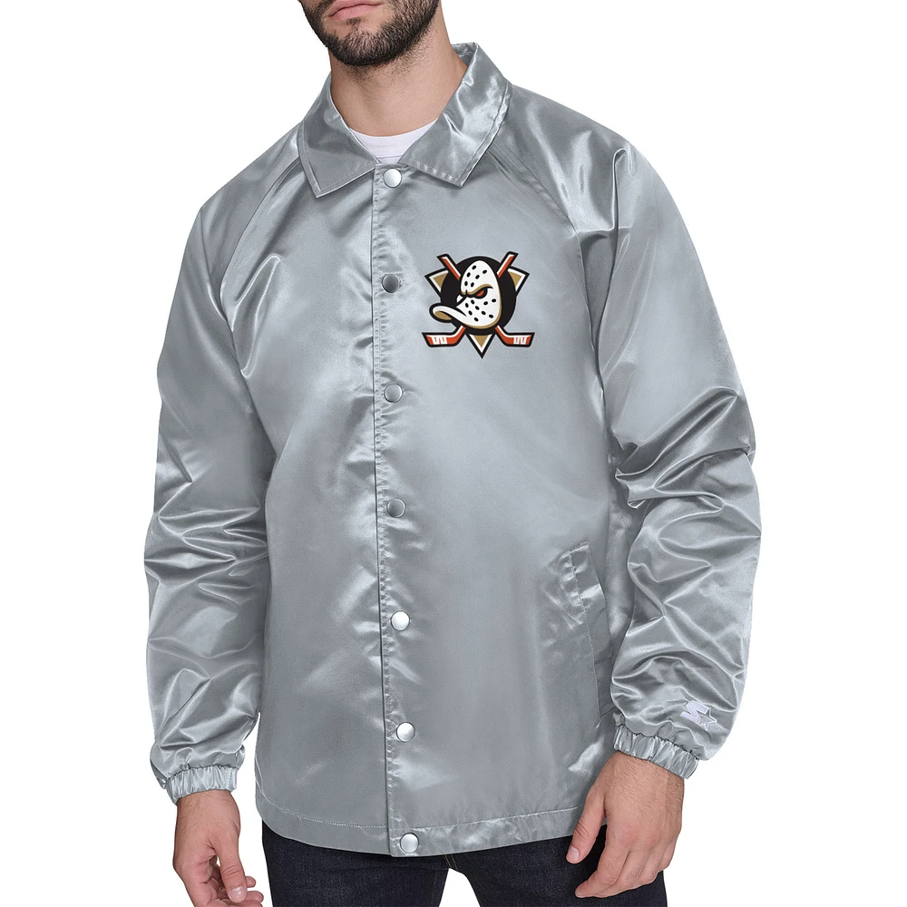 Men's Starter Gray Anaheim Ducks Printed Logo Coaches Full-Snap Jacket