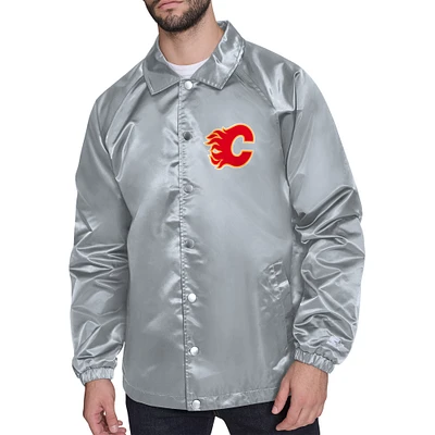 Men's Starter Gray Calgary Flames Printed Logo Coaches Full-Snap Jacket