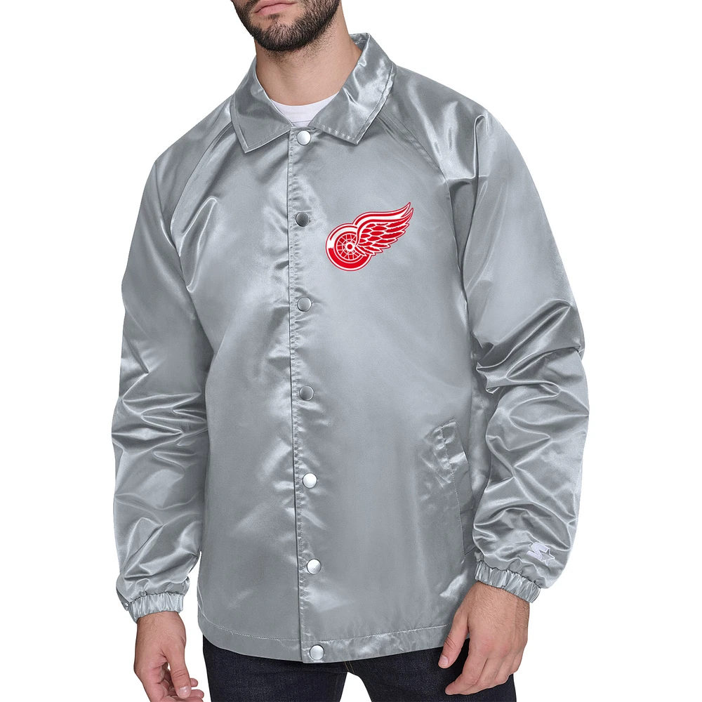 Men's Starter Gray Detroit Red Wings Printed Logo Coaches Full-Snap Jacket