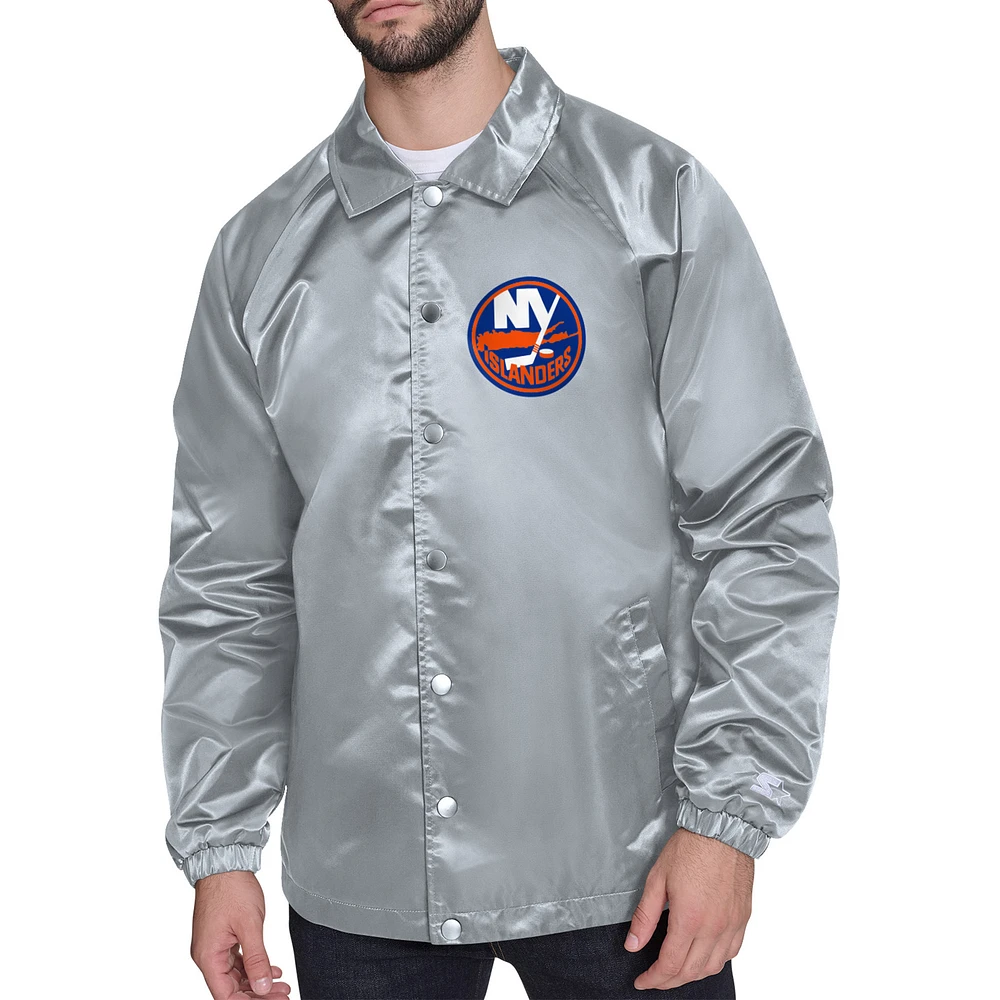 Men's Starter Gray New York Islanders Printed Logo Coaches Full-Snap Jacket