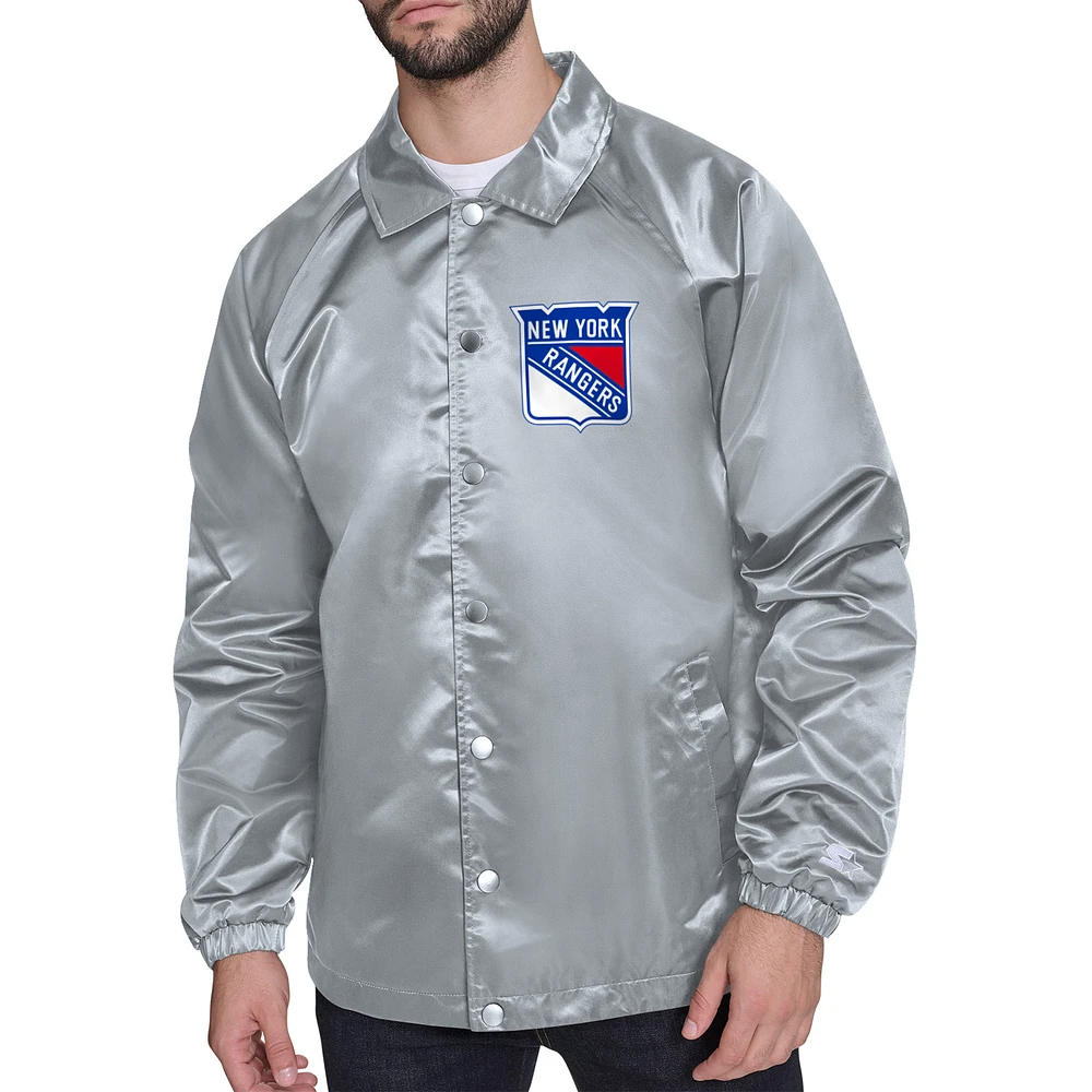 Men's Starter Gray New York Rangers Printed Logo Coaches Full-Snap Jacket